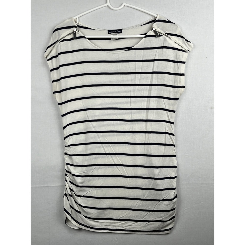 Olivia Blu‎ Striped Zipper Shoulder Ruched Top Size M White Black Short Sleeve